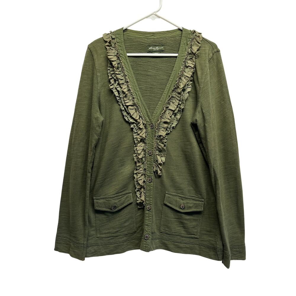 Vtg Eddie Bauer Cardigan Button Sweater Women L Olive Green Beads Ruffle Boho